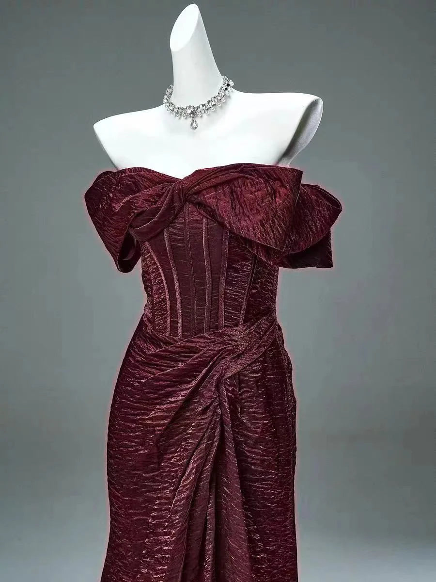 Burgundy Mermaid Off the Shoulder Velvet Long Prom Dress Evening Dress DP1332
