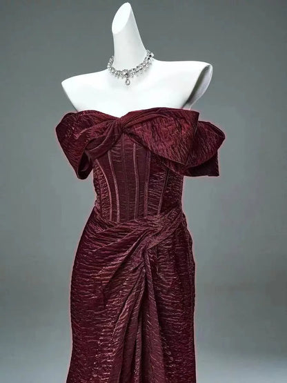 Burgundy Mermaid Off the Shoulder Velvet Long Prom Dress Evening Dress DP1332