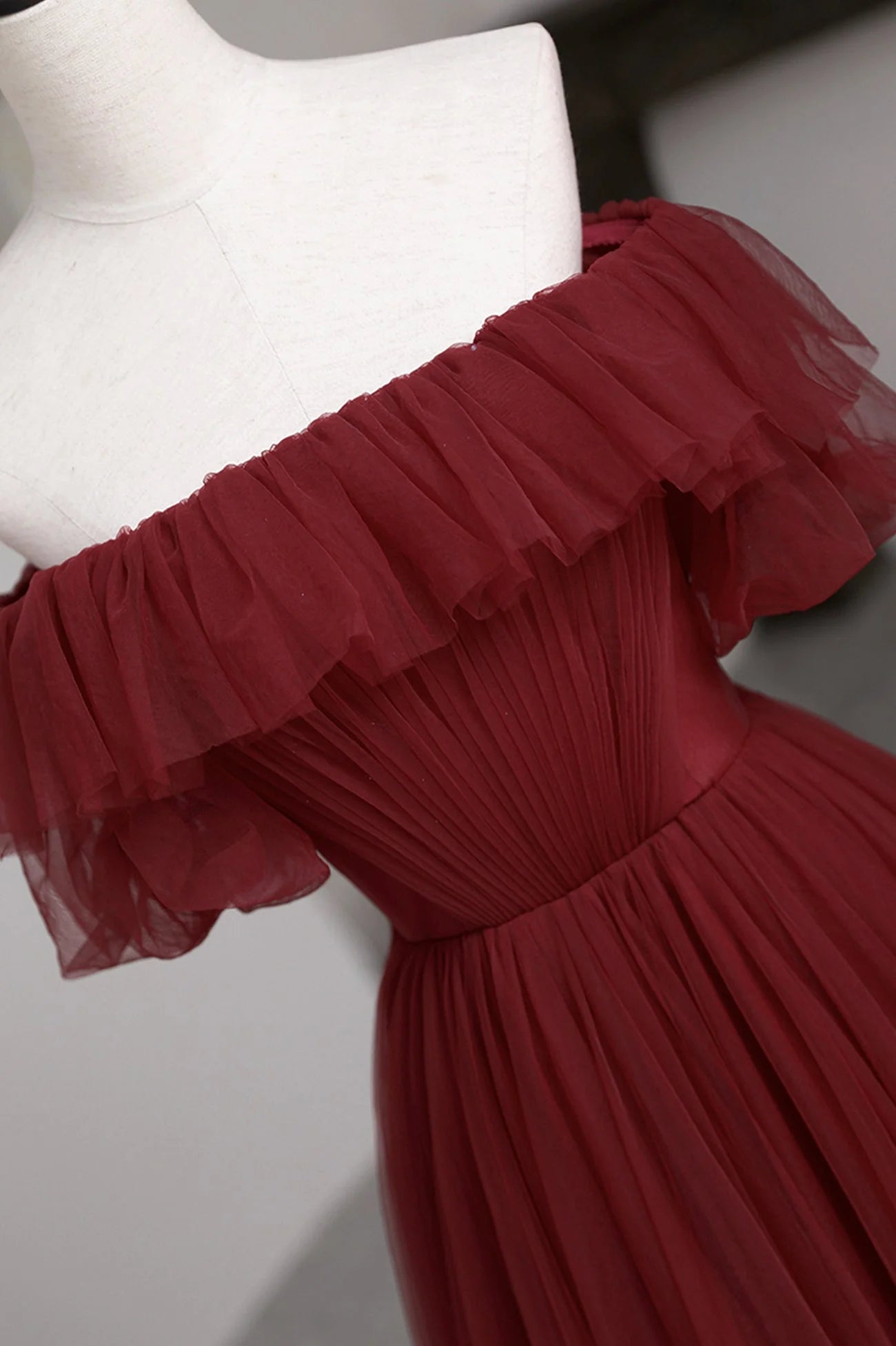Burgundy A Line Off-the-shoulder Tulle Long Prom Dress Evening Dress DP976