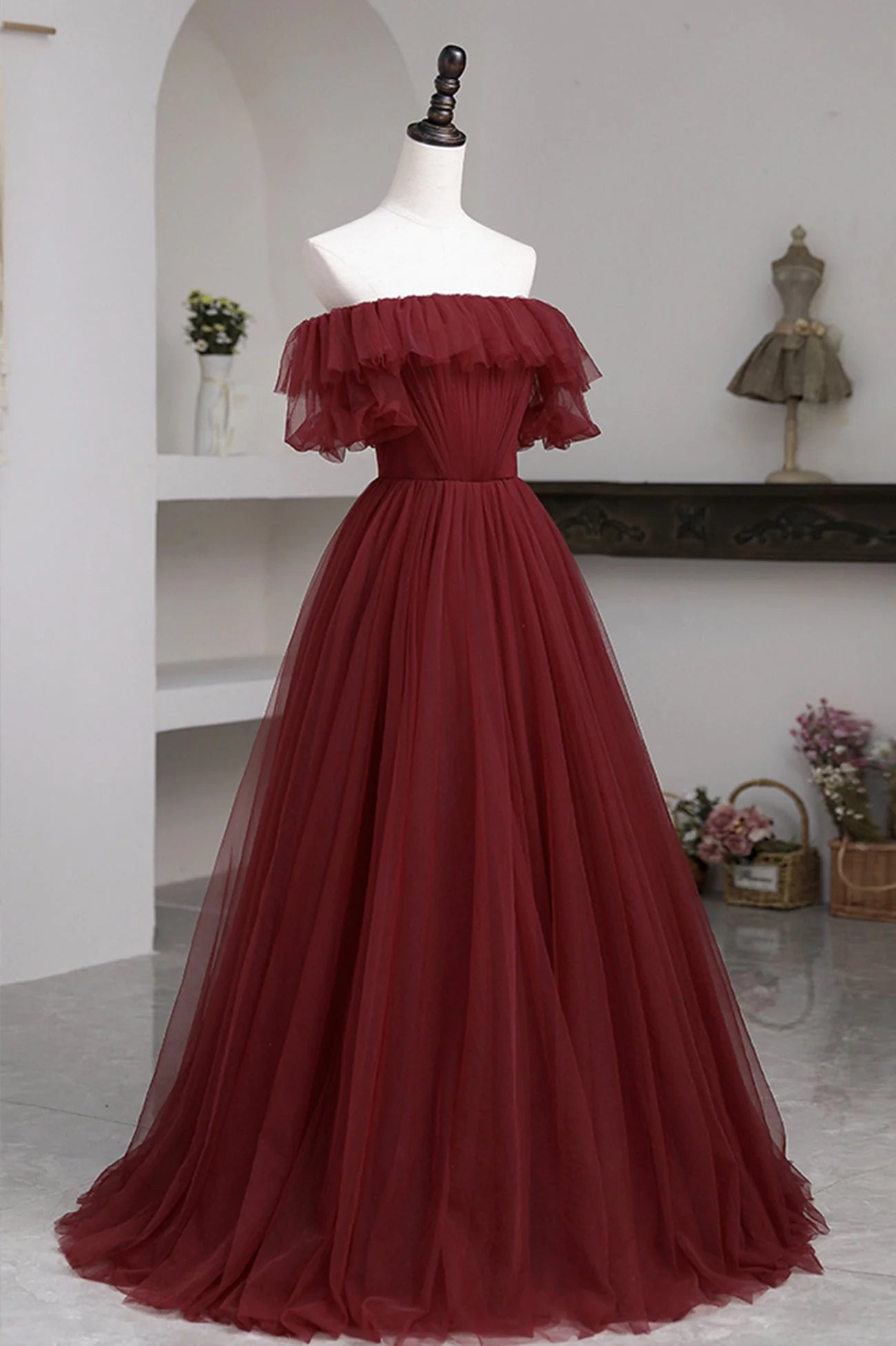 Burgundy A Line Off-the-shoulder Tulle Long Prom Dress Evening Dress DP976