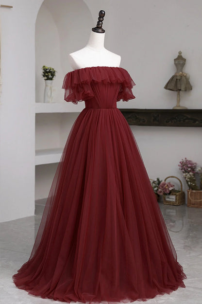 Burgundy A Line Off-the-shoulder Tulle Long Prom Dress Evening Dress DP976
