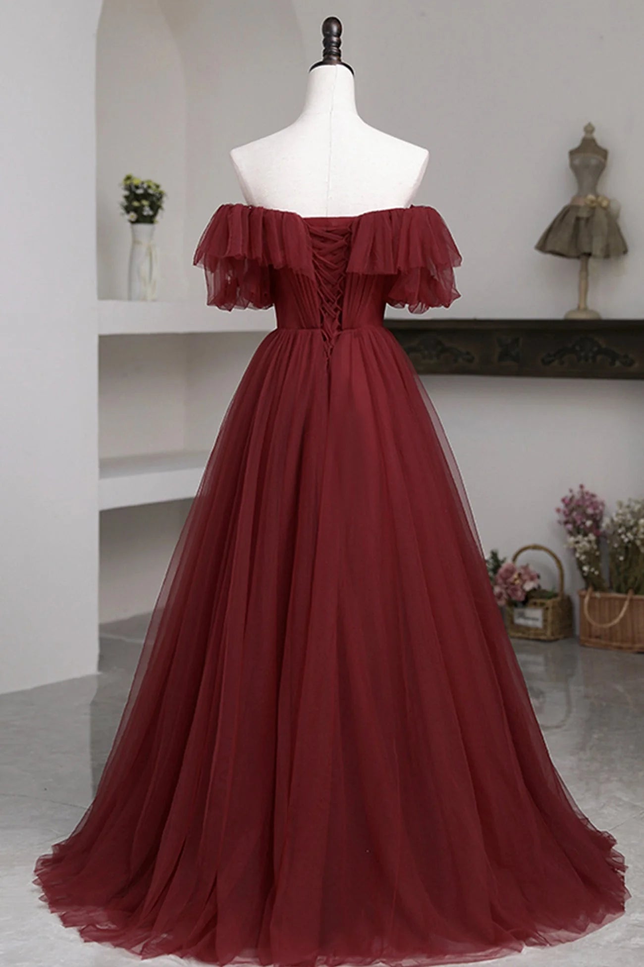 Burgundy A Line Off-the-shoulder Tulle Long Prom Dress Evening Dress DP976