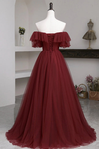 Burgundy A Line Off-the-shoulder Tulle Long Prom Dress Evening Dress DP976