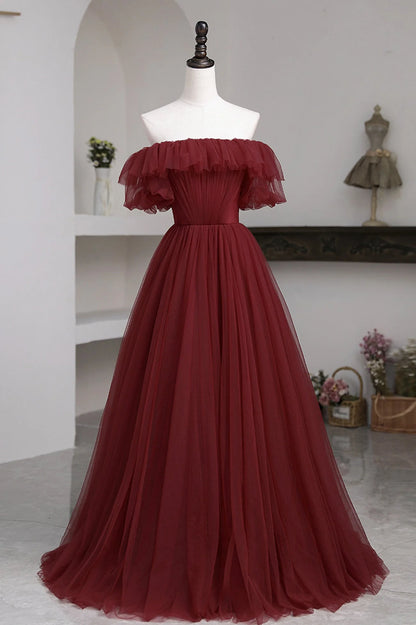 Burgundy A Line Off-the-shoulder Tulle Long Prom Dress Evening Dress DP976