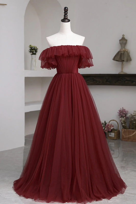 Burgundy A Line Off-the-shoulder Tulle Long Prom Dress Evening Dress DP976