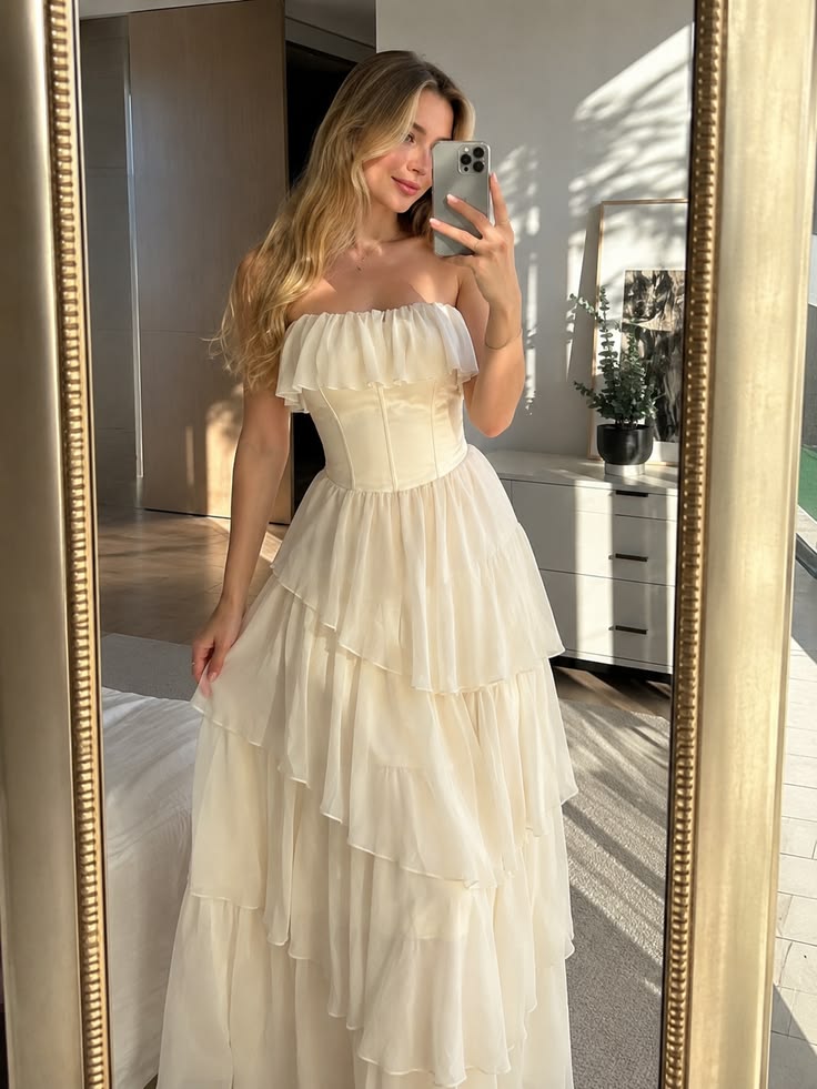 Gentle Ivory A Line Strapless Corset Layered Chiffon Prom Dress Evening Dress DP7903