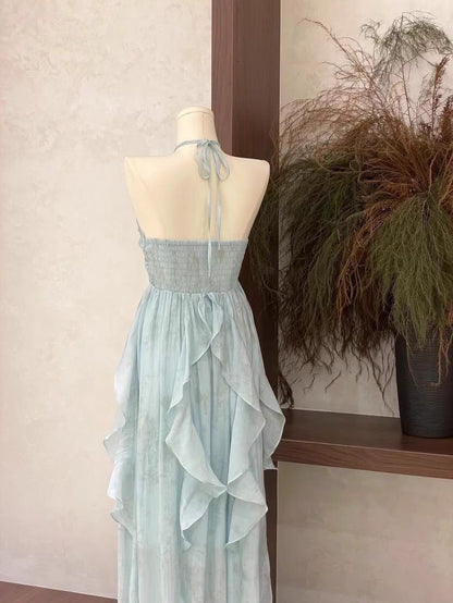A Line Halter Ruffled Floral Chiffon Long Vacation Dresses Outfits DP1323