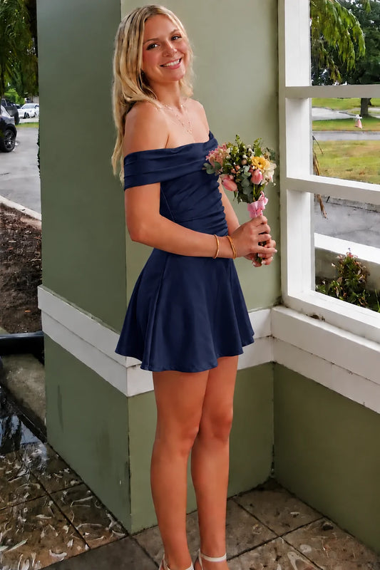 Navy Blue Satin Off-Shoulder A-Line Pleats Short Party Homecoming Dress DP7266