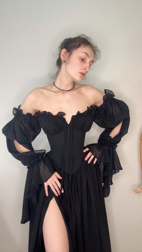 Black Sexy A Line Long Sleeve Chiffon Evening Dress Cocktail Dress with Slit DP3122
