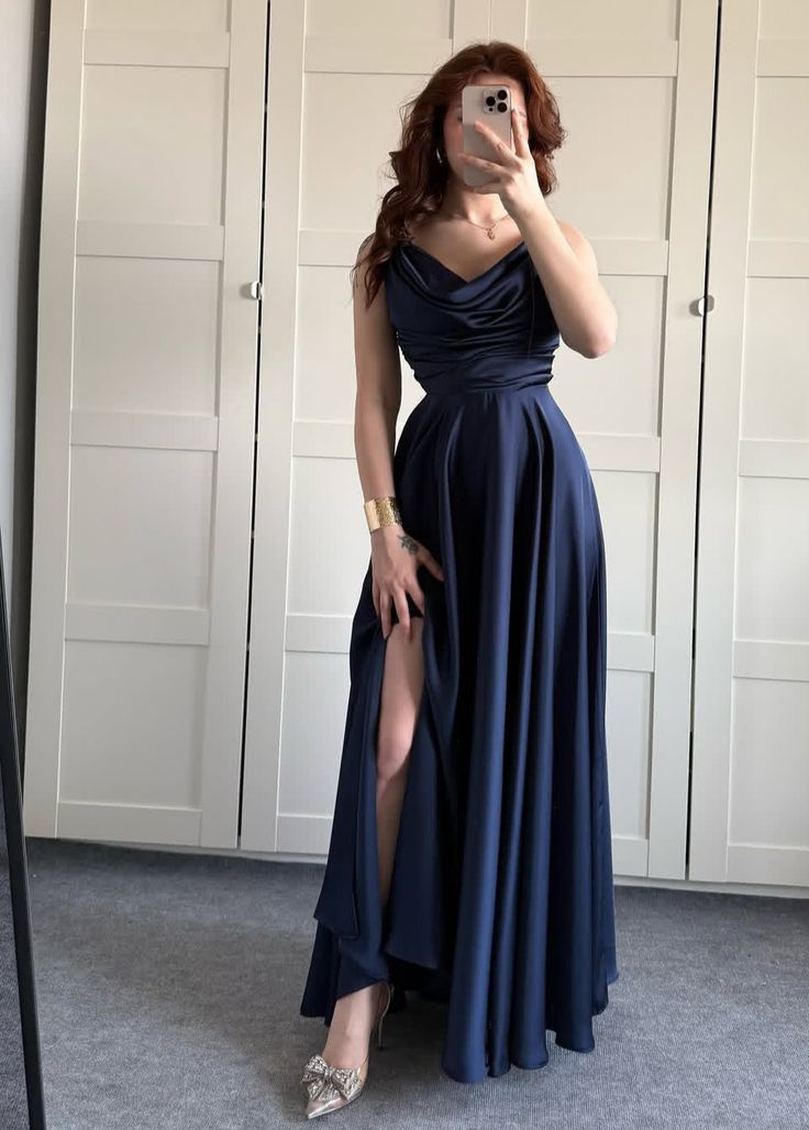 Navy Blue Line Spaghetti Straps Pleated Satin Prom Dress Formal Dress Party Dress DP3504