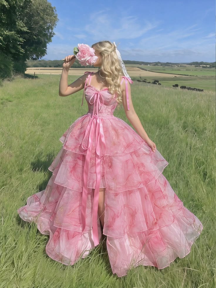 Sweaty Pink A Line Spaghetti Straps Print Floral Chiffon Prom Dress Evening Dress DP6098