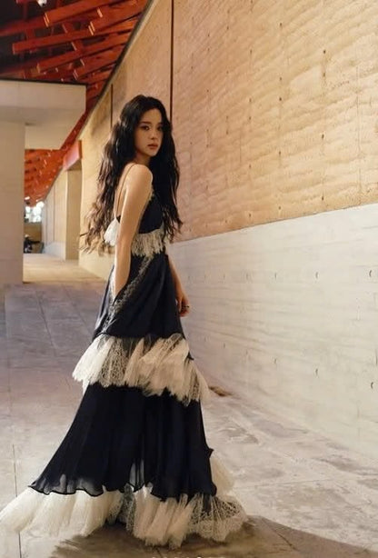 Ethereal A Line Spaghetti Strap Layered White Lace Black Chiffon Prom Dress Evening Dresses DP7583