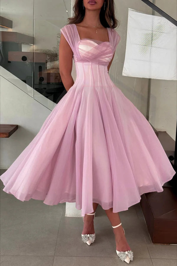 Princess Pink A Line Straps Tulle Chiffon Prom Dress Party Evening Dress DP5372