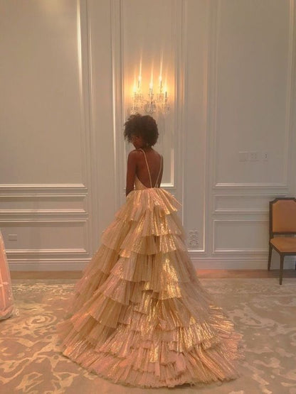 Golden Ball Gown V Neck Layered Tulle Backless Long Prom Dress Formal Dress DP3334
