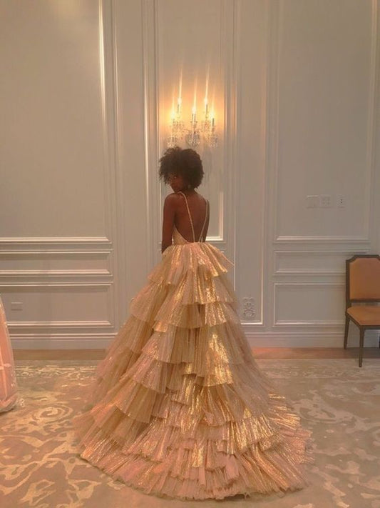 Golden Ball Gown V Neck Layered Tulle Backless Long Prom Dress Formal Dress DP3334
