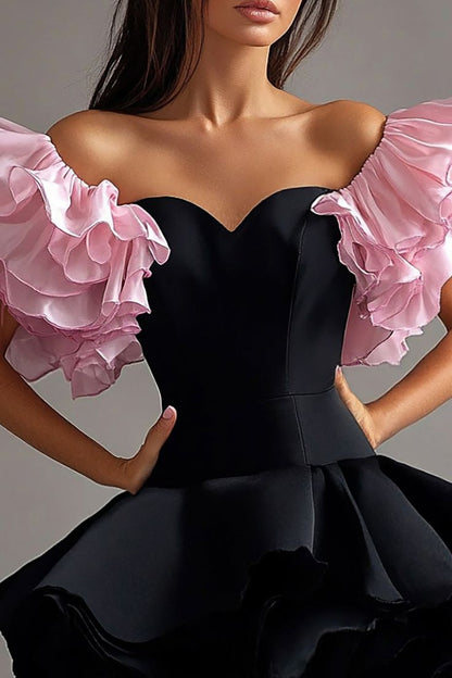 Cute A Line Off the Shoulder Pink Layered Black Satin Short Homecoming Dress Cocktail Dress DP3066