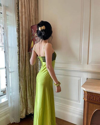Simple Sheath Spaghetti Strap Green Velvet Satin Long Prom Dress Evening Dress DP2389