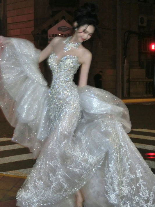 Shiny Mermaid Sweetheart Neck Lace Tulle Prom Dress 16th Birthday Dress DP4246