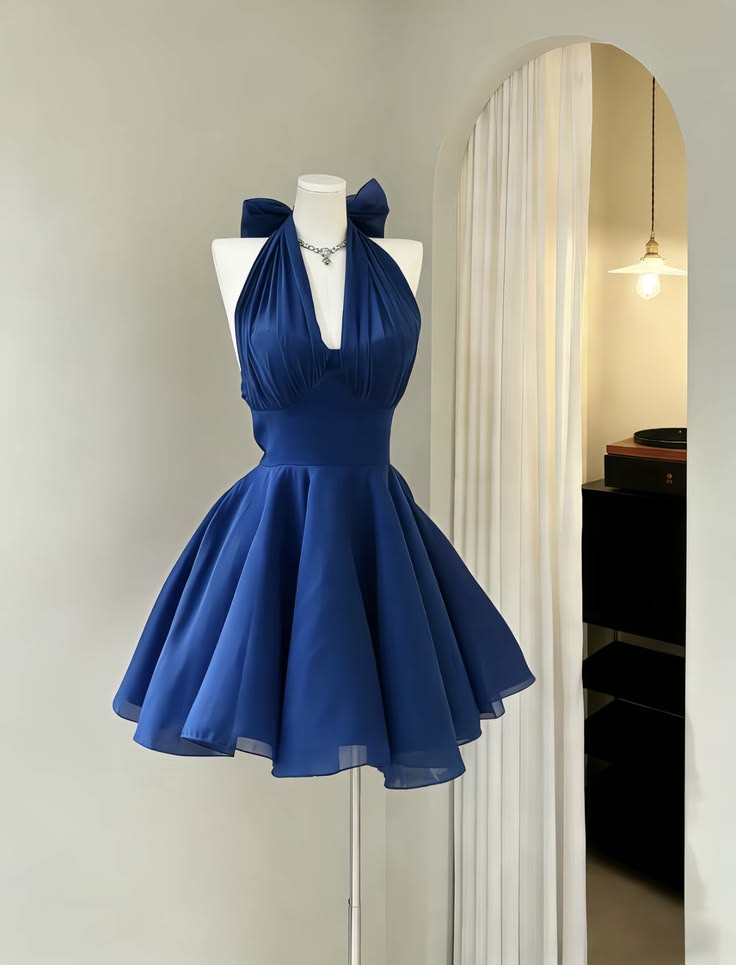 Navy Blue A Line Halter Chiffon Backless Short Homecoming Dress DP5688