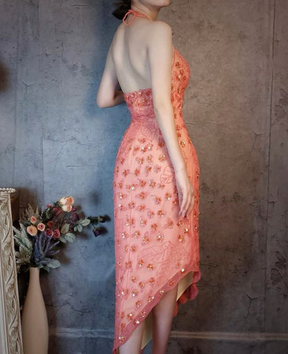 Stunning Sheath Halter Beaded Pink Chiffon Open Back Party Dress Evening Dress DP2366