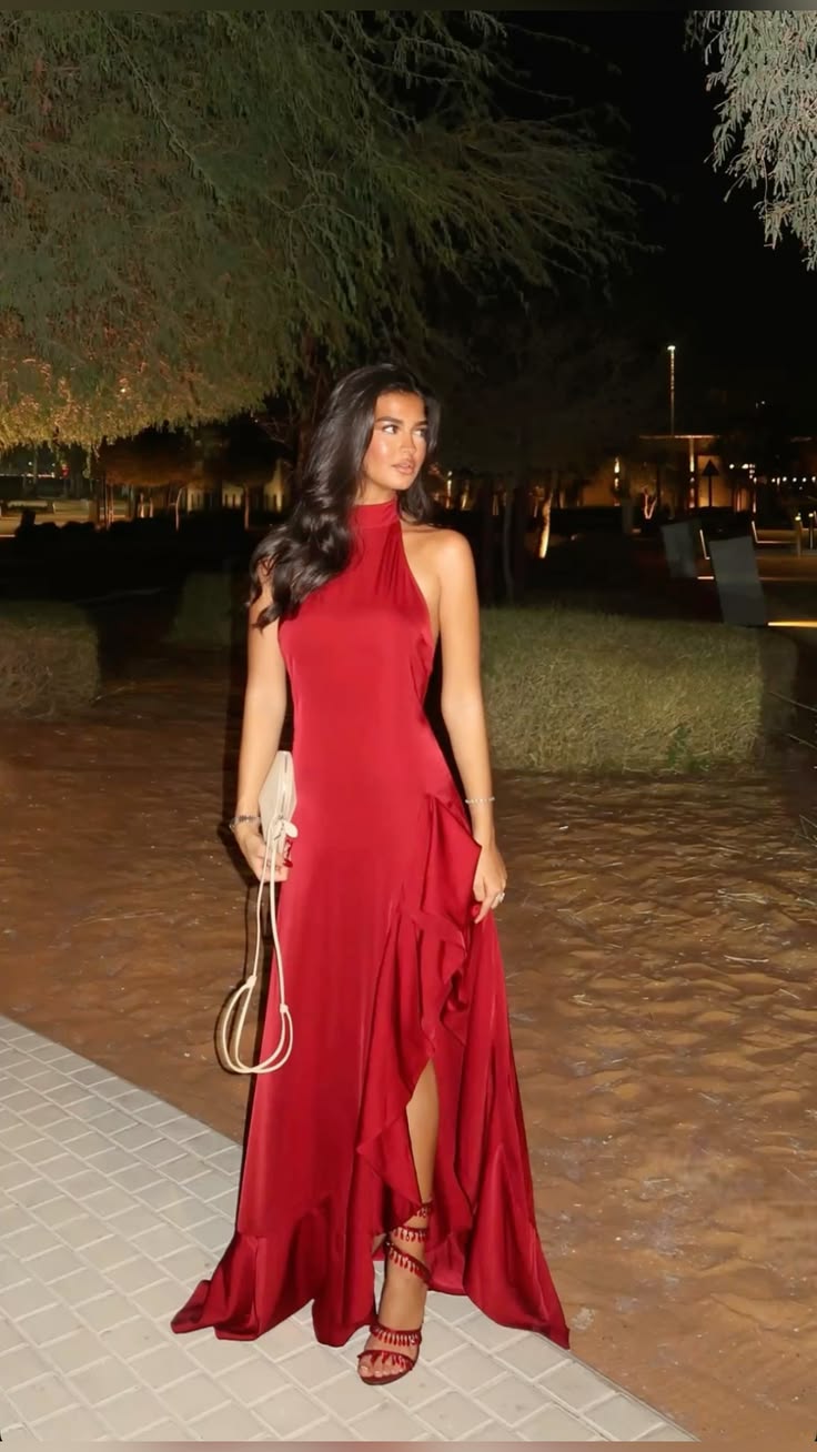 Simple Red A Line Halter Satin Slit Prom Dress Evening Dress DP6711