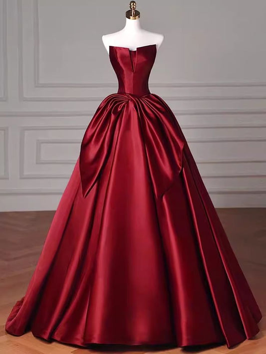 A Line Strapless Bow Red Satin Formal Gown  Evening Party Dress DP900