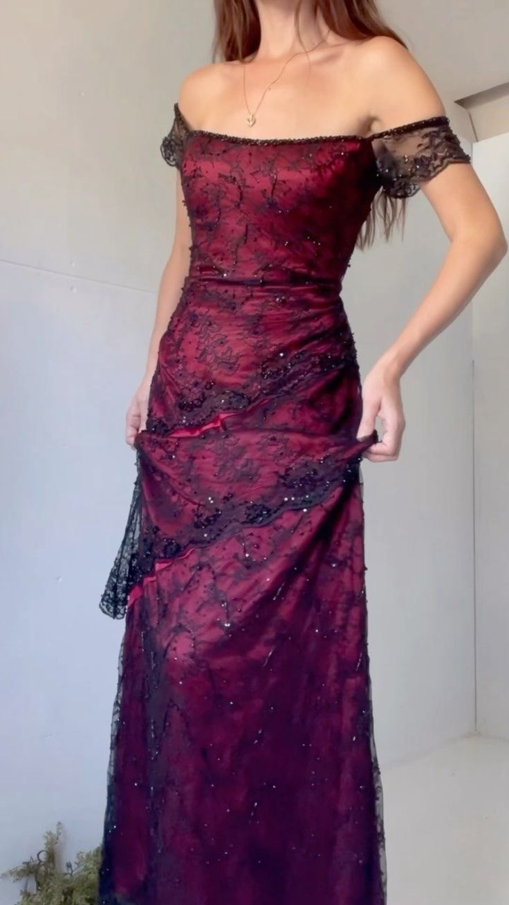Retro Burgundy Rose A Line Off the Shoulder Black Lace Satin Prom Dress Evening Dress DP3170