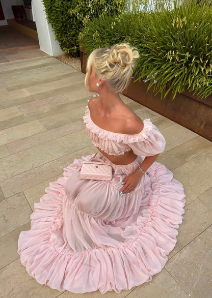Two Piece Pink A Line Puff Sleeve Chiffon Prom Dress Evening Dress DP6907