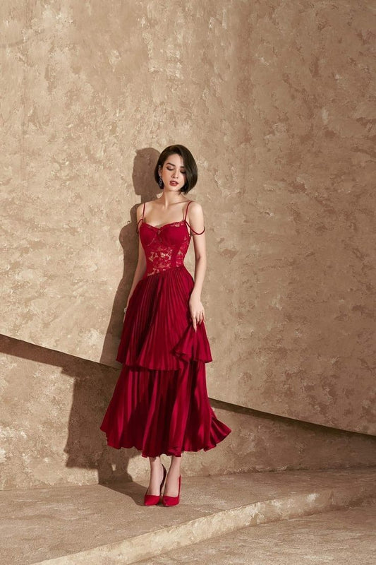 Burgundy A Line Spaghetti Strap Lace Satin Prom Dress Evening Dress DP3752