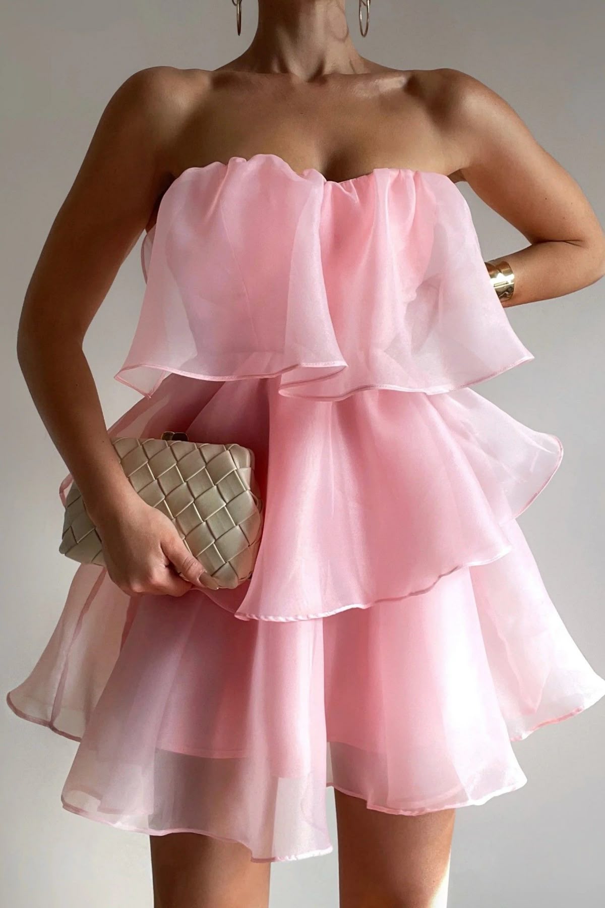 Sweety Pink A Line Strapless Layered Organza Short Homecoming Dress Outfits Birthday Dress DP3313
