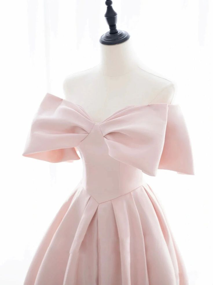Light Pink A Line Off-the-shoulder Bow Satin Long Prom Dresses DP853