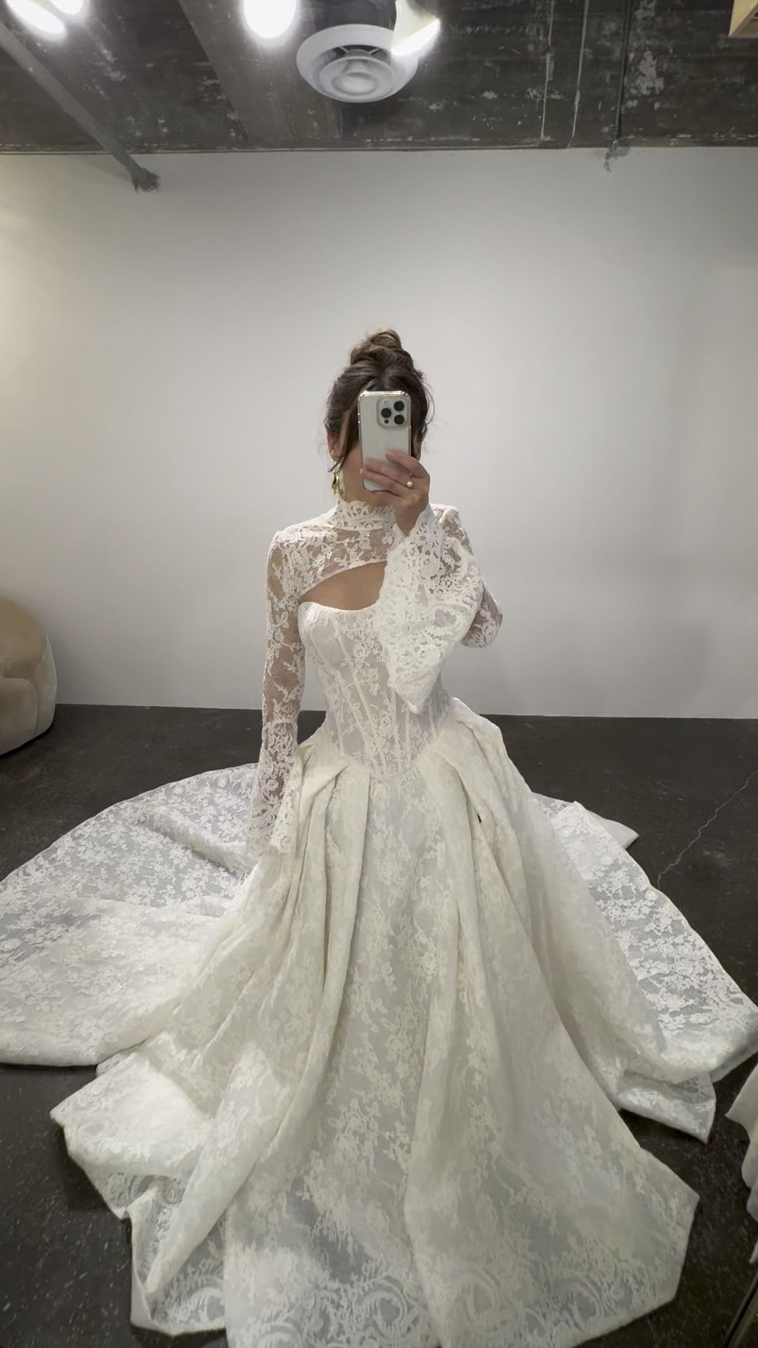 Unique Two Piece White A Line Long Sleeve Lace Long Wedding Dress DP6728