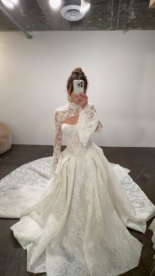 Unique Two Piece White A Line Long Sleeve Lace Long Wedding Dress DP6728