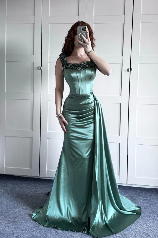 Navy Blue Mermaid Off the Shoulder Floral Corset Satin Prom Dress Evening Dress Date Dress DP3467
