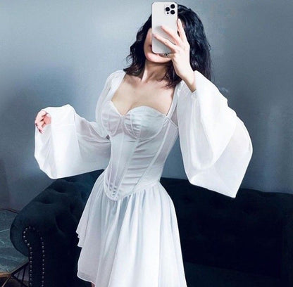 Gentle White A Line Long Sleeve Corset Chiffon Satin Short Homecoming Dress Cocktail Dress DP2876