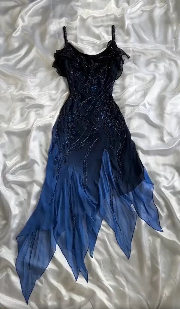 Navy Blue Gorgeous Exquisite Fashion Beaded Charming Long Tulle Elegant Ball Gown Evening Dress Party Dress DP3069