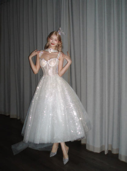 Shiny A Line Straps Beaded Sequin Tulle Prom Dress Party Dress DP6539