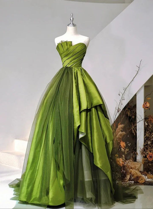 Green A Line Strapless Satin And Tulle Long Prom Dress DP826