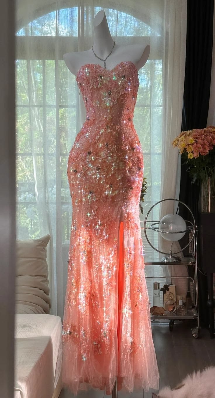 Pink Orange Mermaid Sweetheart Neck Shiny Sequin Beaded Tulle Prom Dress Evening Dress DP5746