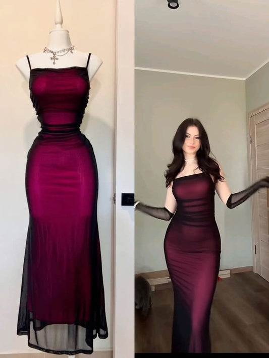 Sexy Mermaid Spaghetti Strap Black Chiffon Red Satin Prom Dress Party Dress DP3851