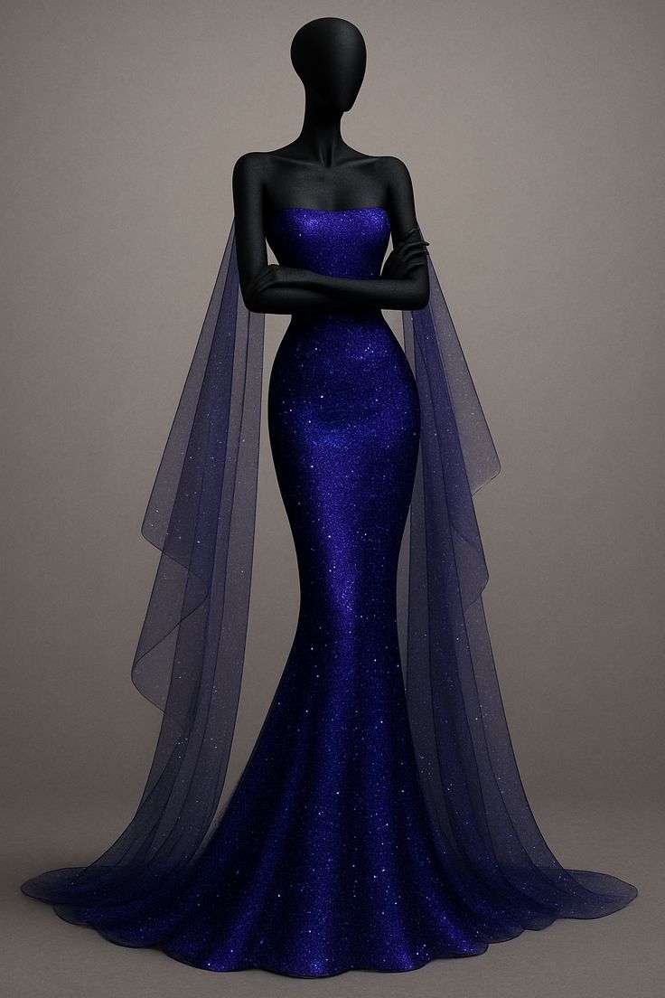 Blue Mermaid Strapless Sequin Tulle Long Prom Dress Evening Dress DP2735