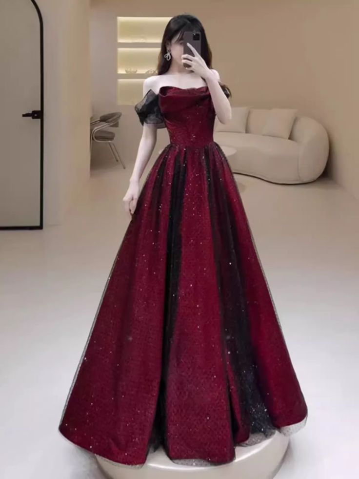 Elegant A Line Off the Shoulder Black Tulle Burgundy Satin Long Prom Dresses Evening Gowns DP4208