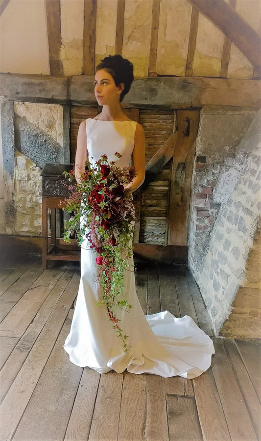 White Simple Mermaid Bateau Neck Satin Long Sweep Wedding Dress DP3279