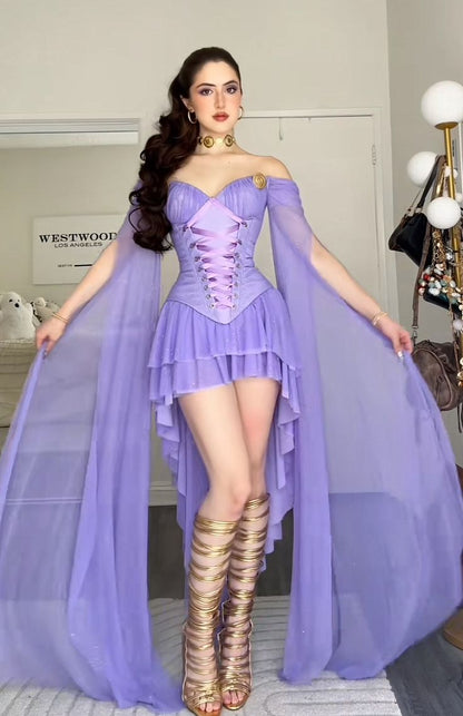 Purple A Line Off the Shoulder Sequin Layered Tulle Short Homecoming Dress DP4585
