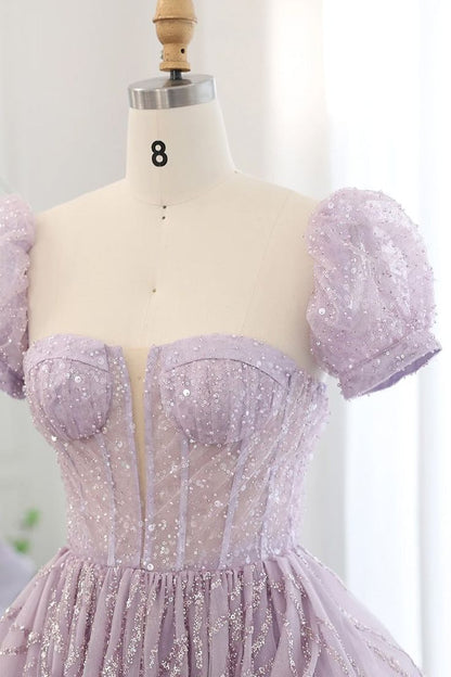 A Line Puff Sleeve Sequins Lavender Tulle Long Prom Dress Evening Dress DP1344