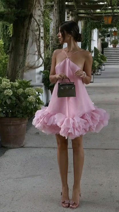 Cute A Line Halter Pink Tulle Backless Short Homecoming Dress Outfits DP4939