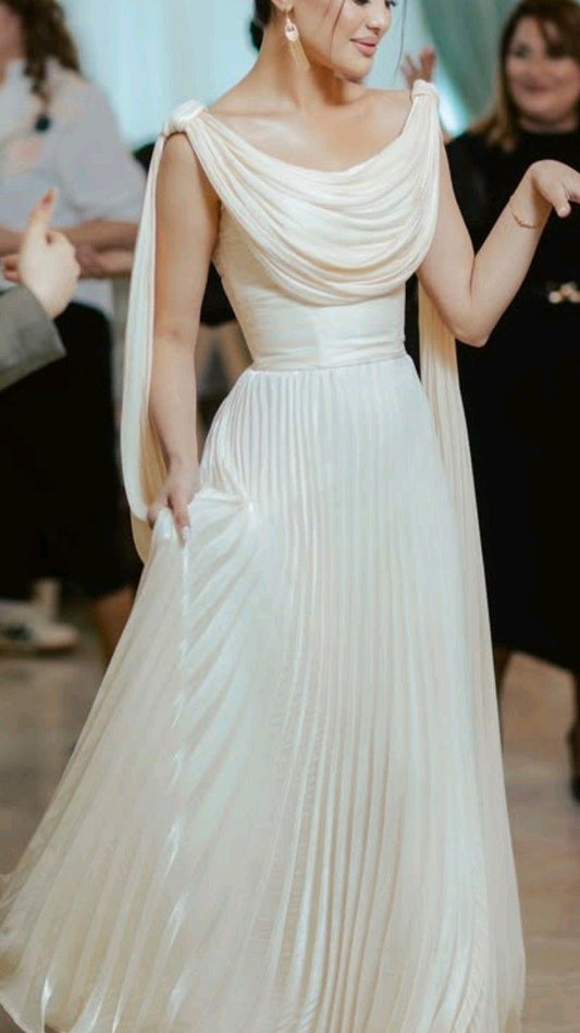 Elegant A Line Round Neck Ivory Pleated Satin Long Prom Dress DP4620