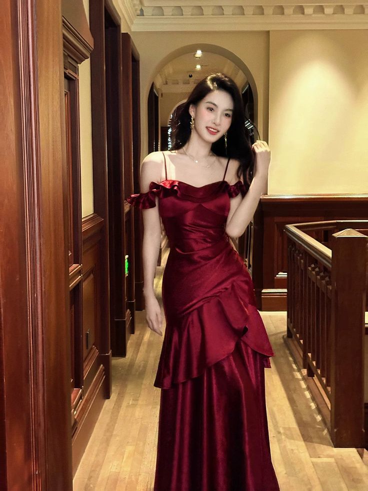 Pretty Mermaid Off The Shoulder Burgundy Satin Long Prom Dresses Evening Gowns DP4206