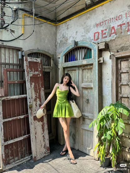 Cute A Line Halter Green Satin Short Open Back Party Dress Homecoming Dresses DP2353