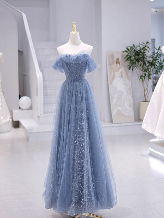 Elegant A Line Off the Shoulder Sequins Blue Tulle Long Prom Dress Evening Dress DP1352
